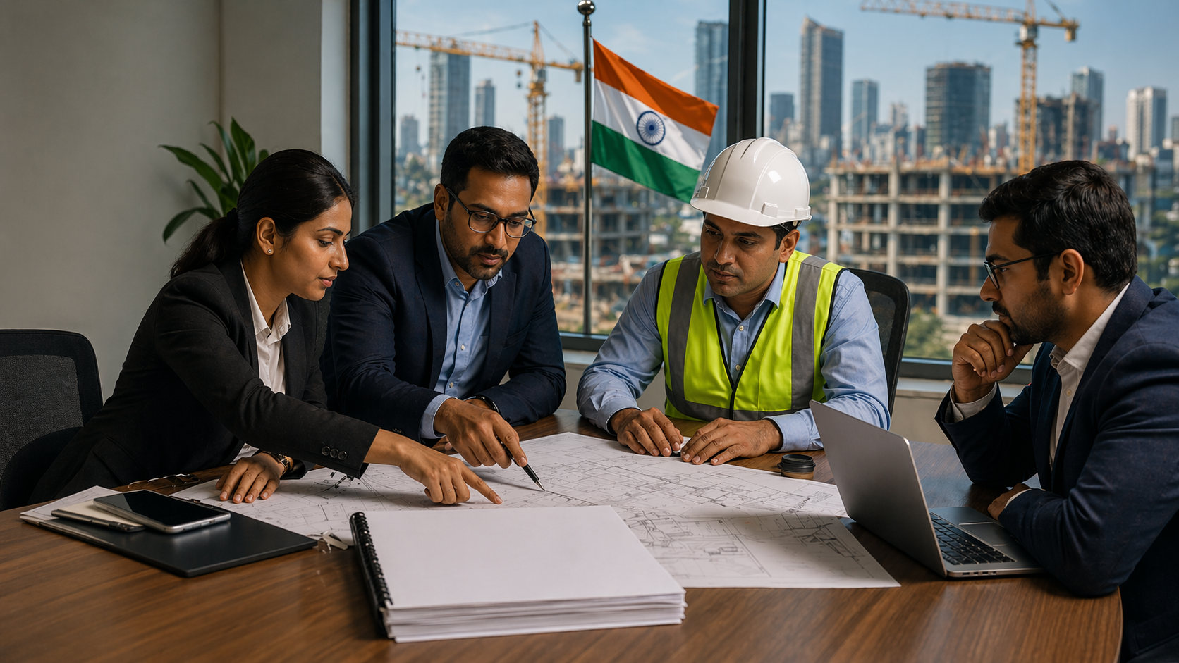 Construction and procurement leaders review project drawings in a conference room with an urban India construction site visible behind them.